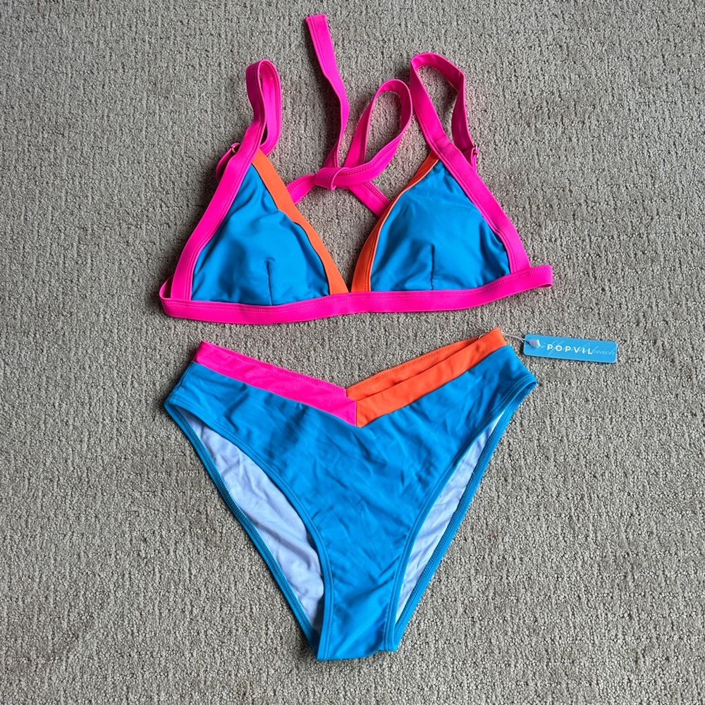 Popvil Blue and Pink Bikini Set Women’s Swimwear Small Neon